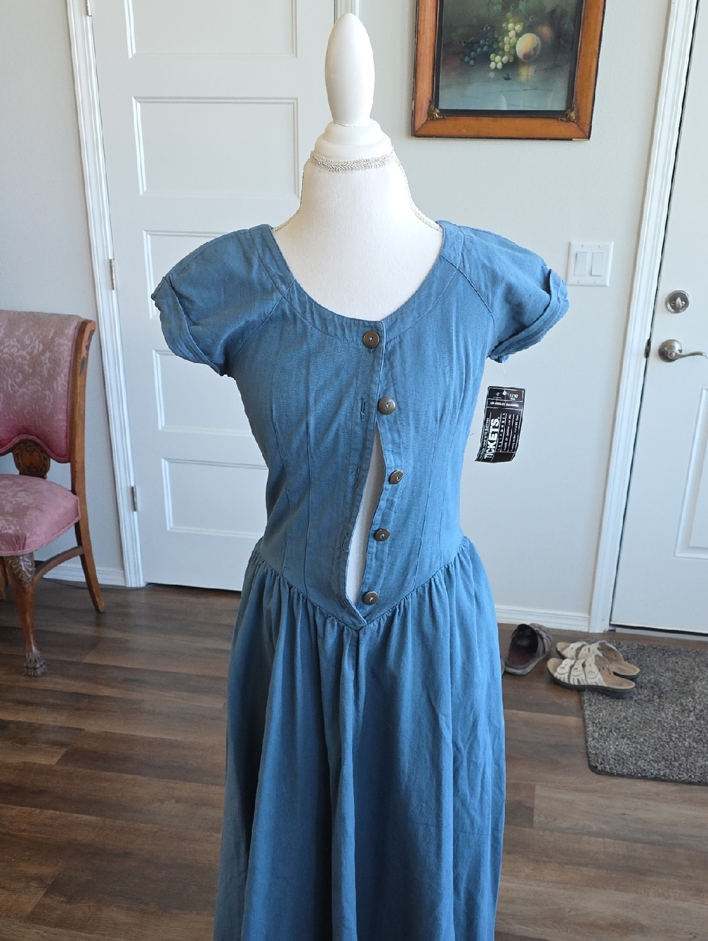 Blue Maxi Dress with Button-Front Detail
